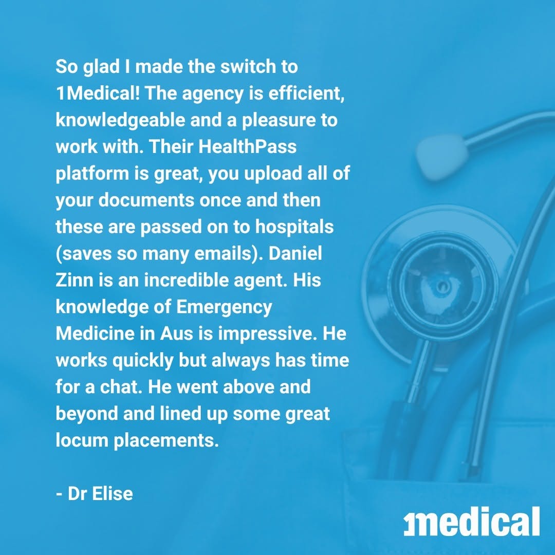 Congratulations to Daniel Zinn for a great testimonial from one of our locum doctors! “So glad I made the switch to 1Med...